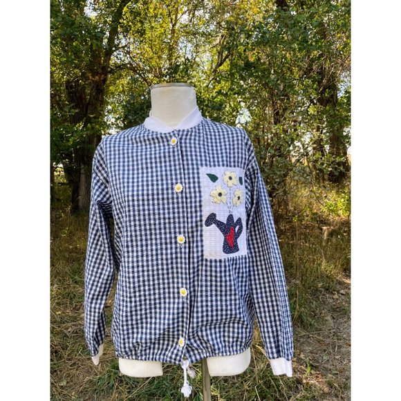 Vintage Gingham Check Seer Sucker Blouse Applique Flowers Daisy Buttons - Picture 13 of 14